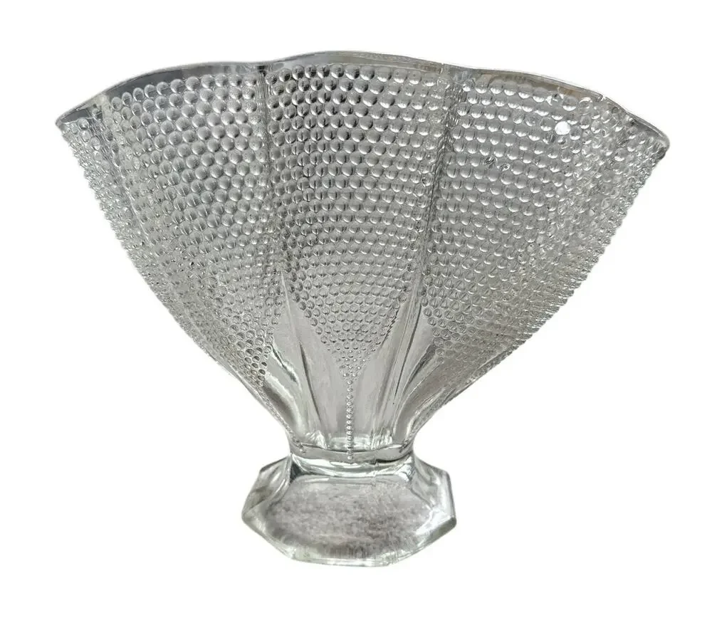 Vintage Clear Pressed Glass Hobnail Footed Centerpiece Bowl Fan Shape Unmarked